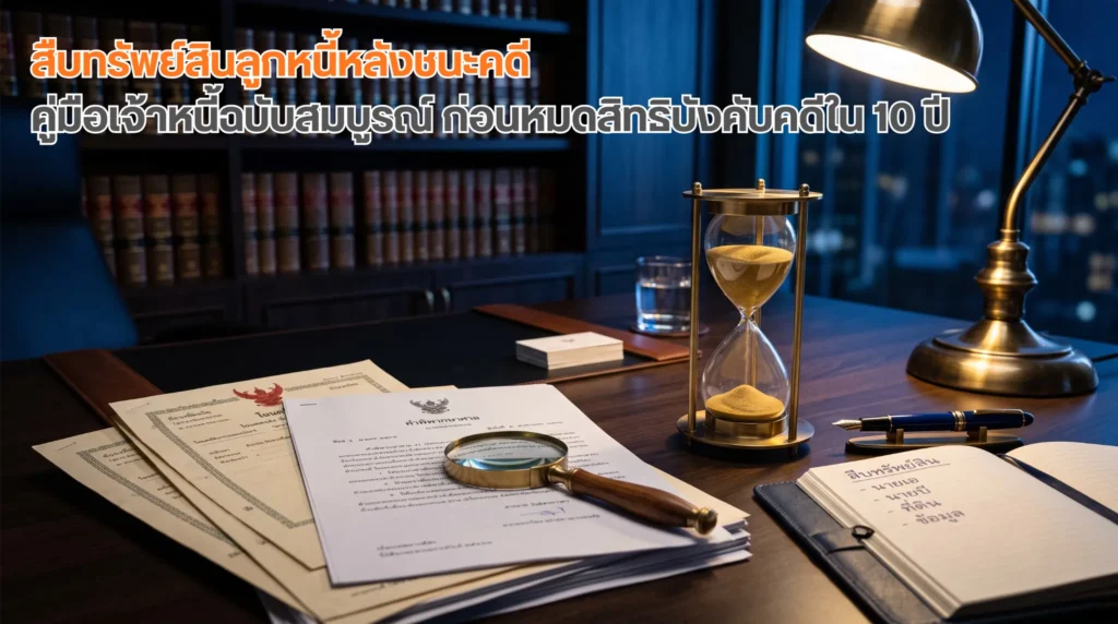 สืบทรัพย์สินลูกหนี้ เอกสารคำพิพากษาและโฉนดที่ดินบนโต๊ะนักสืบ พร้อมนาฬิกาทรายสื่อกรอบเวลาบังคับคดี 10 ปี
