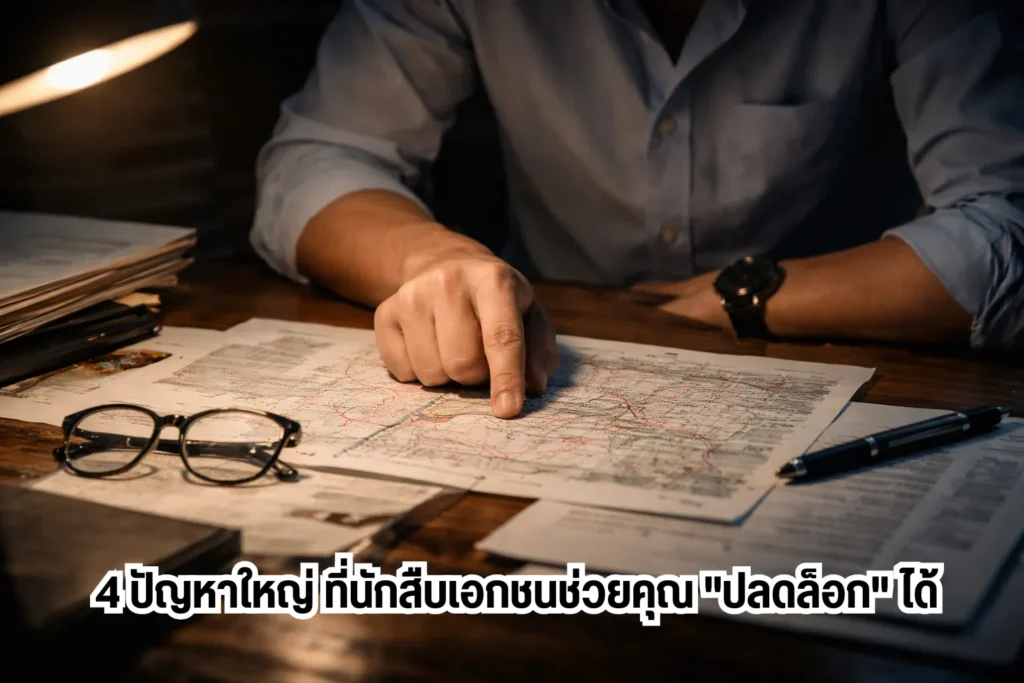 นักสืบเอกชนกำลังวิเคราะห์ข้อมูลเอกสารและแผนที่บนโต๊ะทำงาน เพื่อสืบหาความจริง