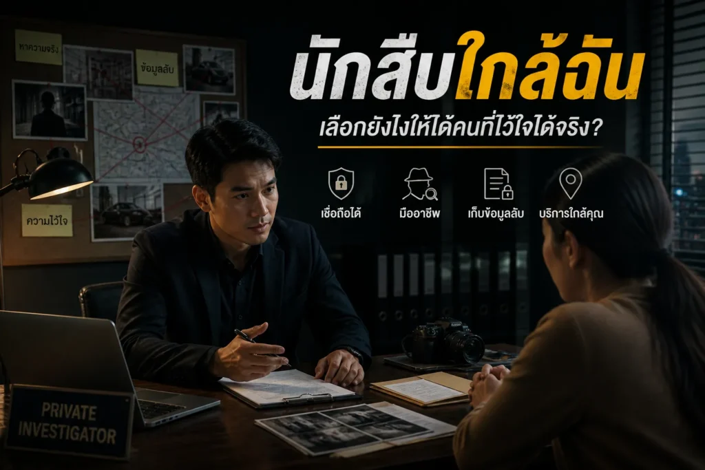 นักสืบเอกชนมืออาชีพกำลังให้คำปรึกษาลูกค้าในออฟฟิศ พร้อมบอร์ดสืบสวนคดี