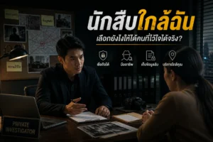 นักสืบเอกชนมืออาชีพกำลังให้คำปรึกษาลูกค้าในออฟฟิศ พร้อมบอร์ดสืบสวนคดี