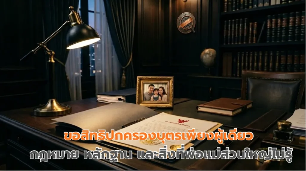 เอกสารคดีสิทธิปกครองบุตรบนโต๊ะกฎหมาย พร้อมรูปถ่ายเด็กและตราประทับศาล